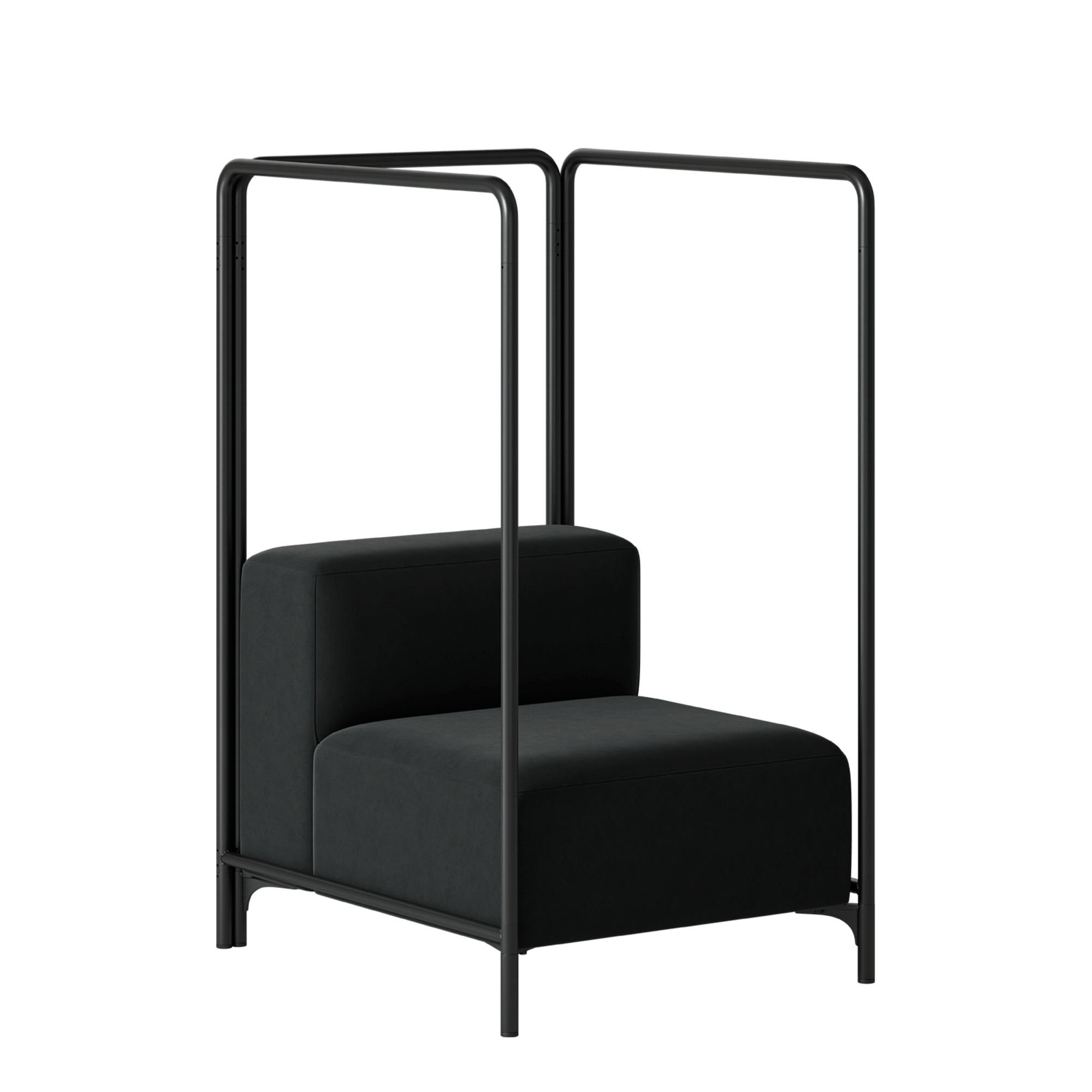 A black chair with a metal frame and a black cushion.