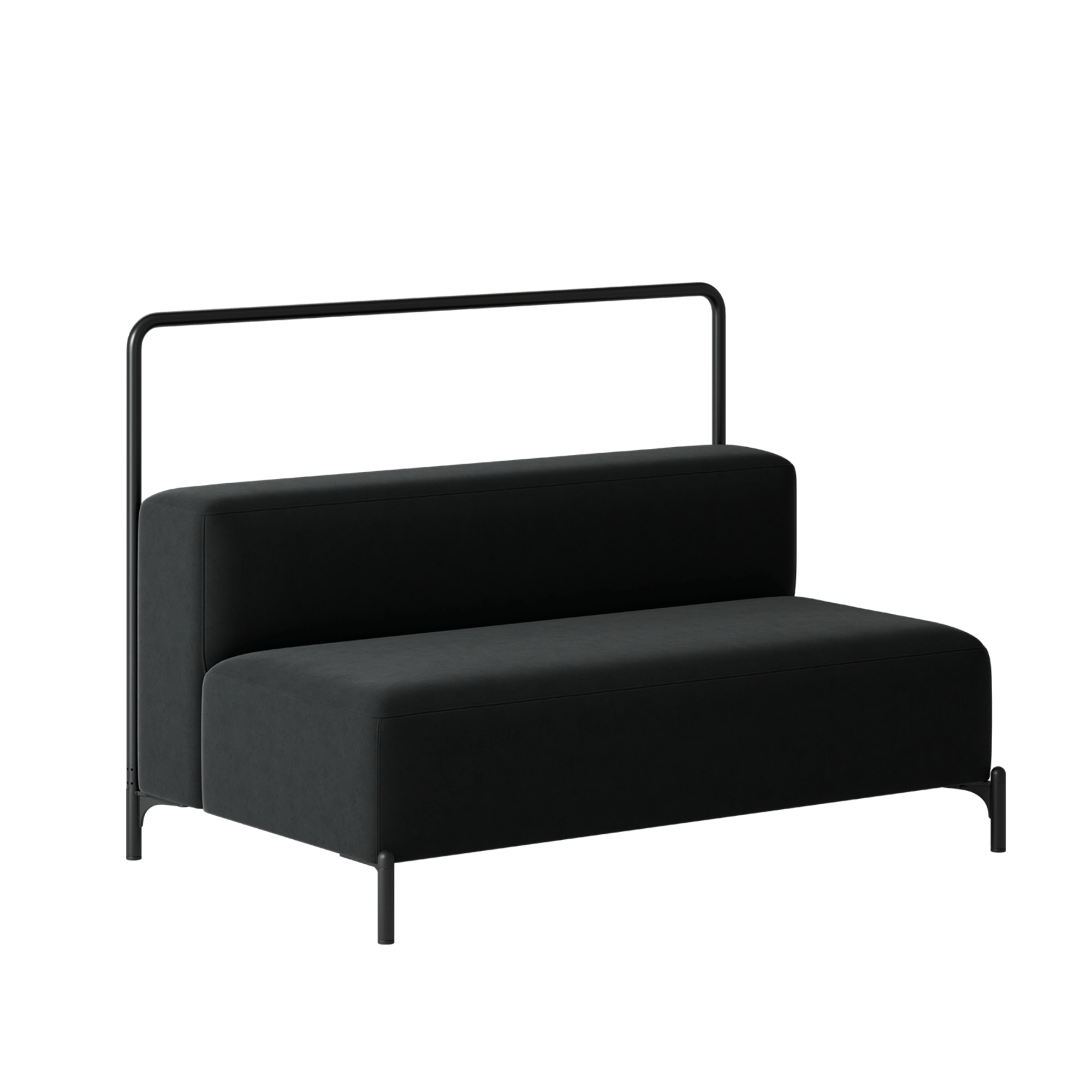 A black sofa with a metal frame on a green background.