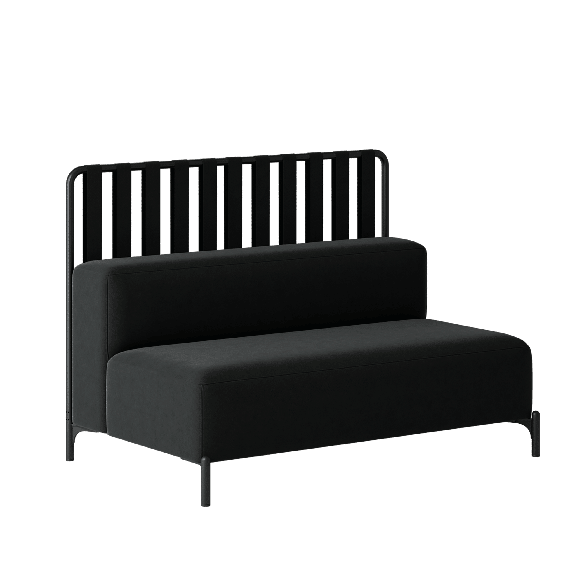 A black sofa with a metal frame