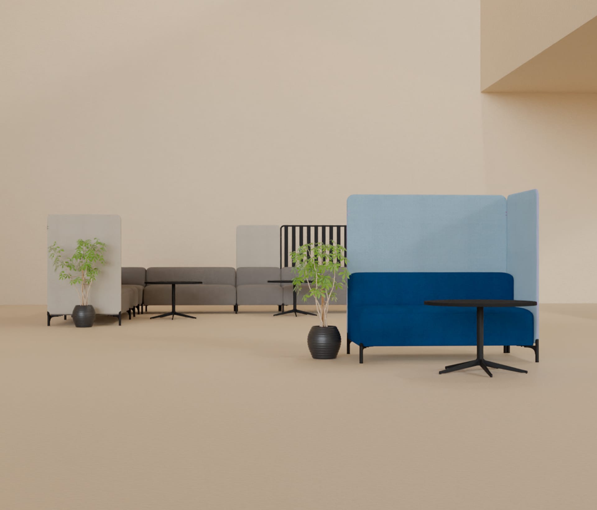 A blue and white office sofas with office tables and office screen dividers