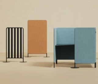 A group of office screen dividers in different colours and styles.