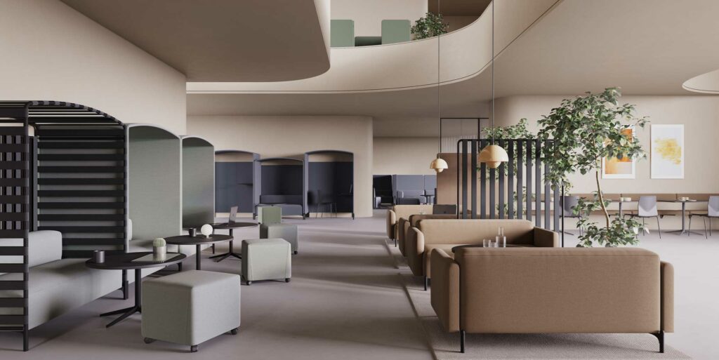 A lobby with office furniture and plants, including office sofas and work booths.