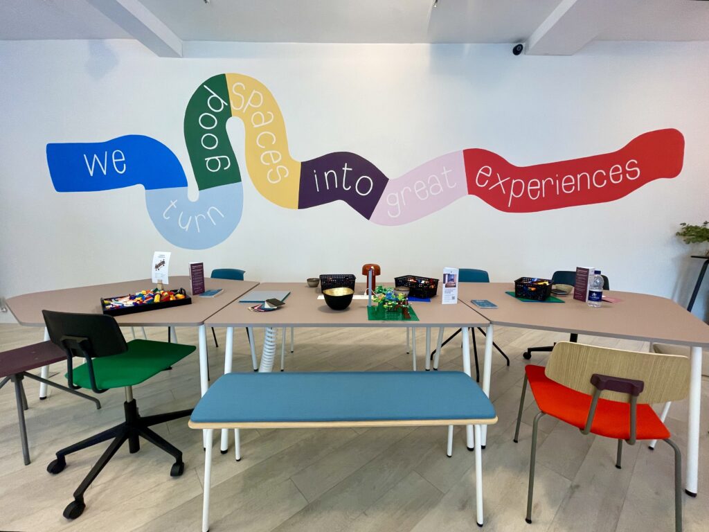 Embracing colour and Personality in Office Furniture.Our mural at our London Showroom.