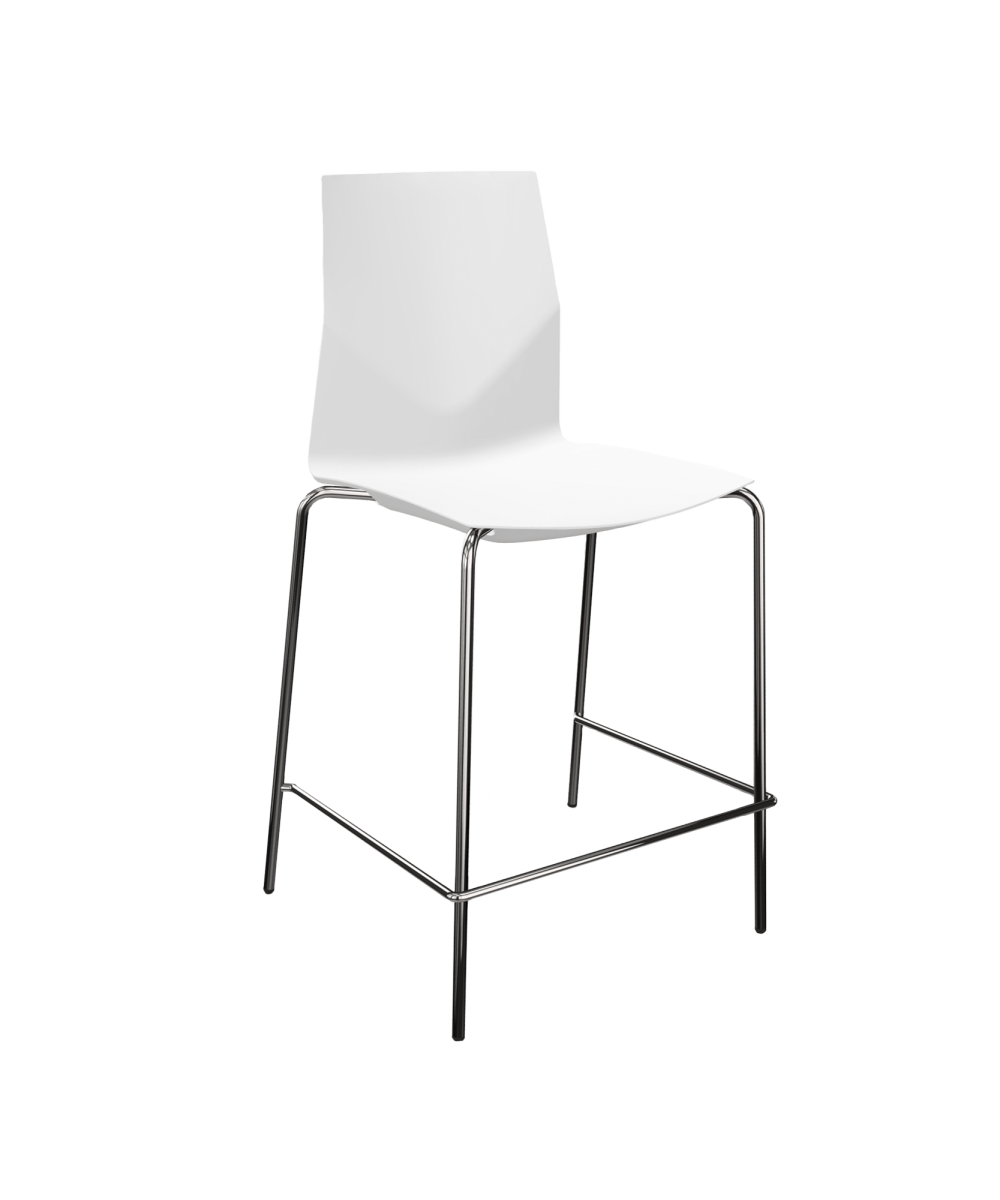 Mid height counter chair with a white seat and 4 chrome legs
