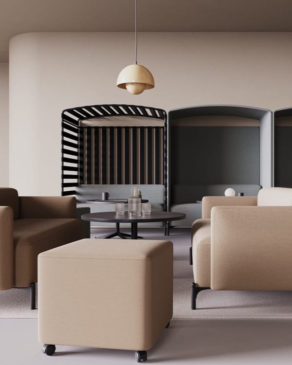 A 3d rendering of a lobby with office sofas and a plant and office screen dividers
