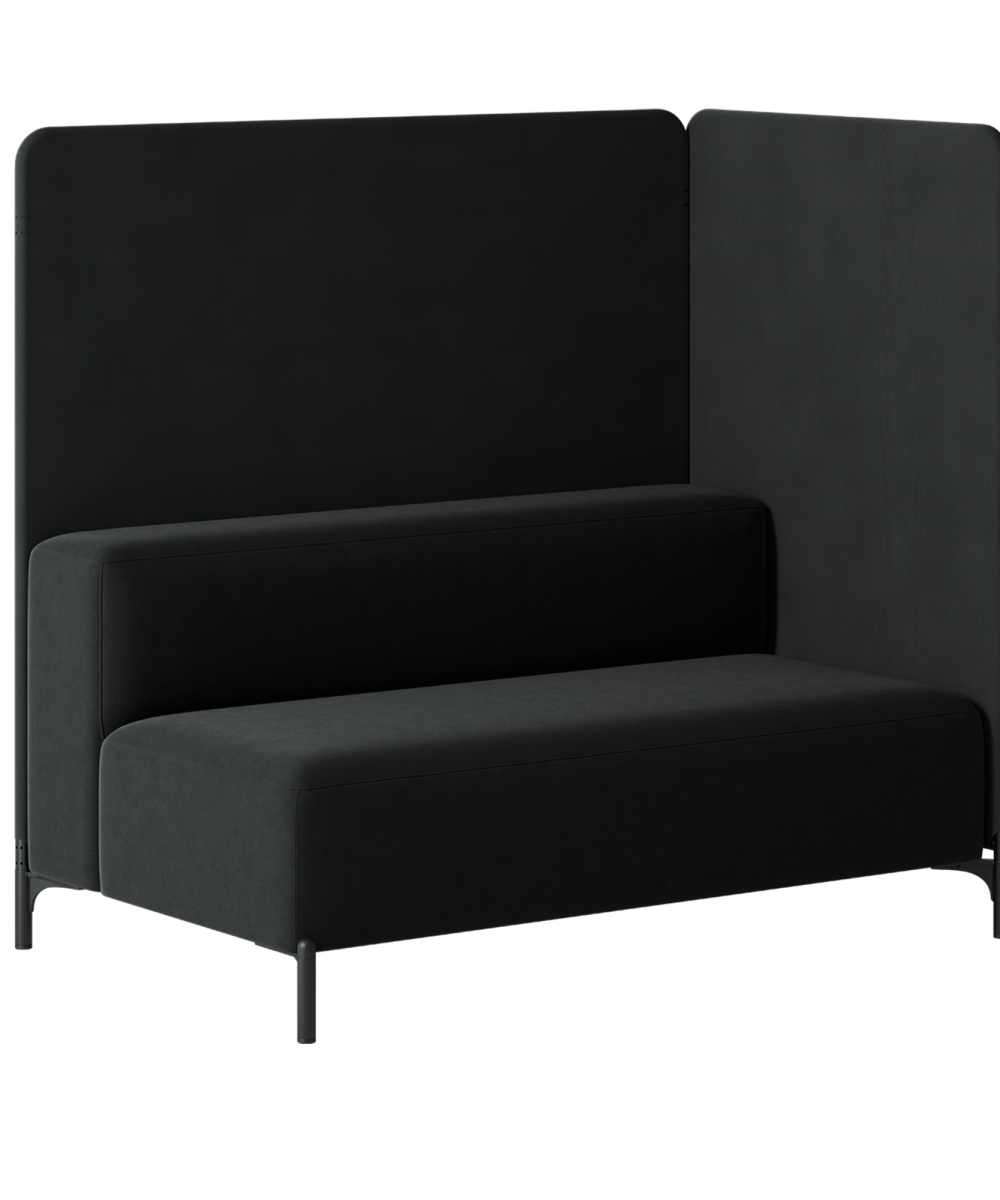 A black sofa with a black divider.