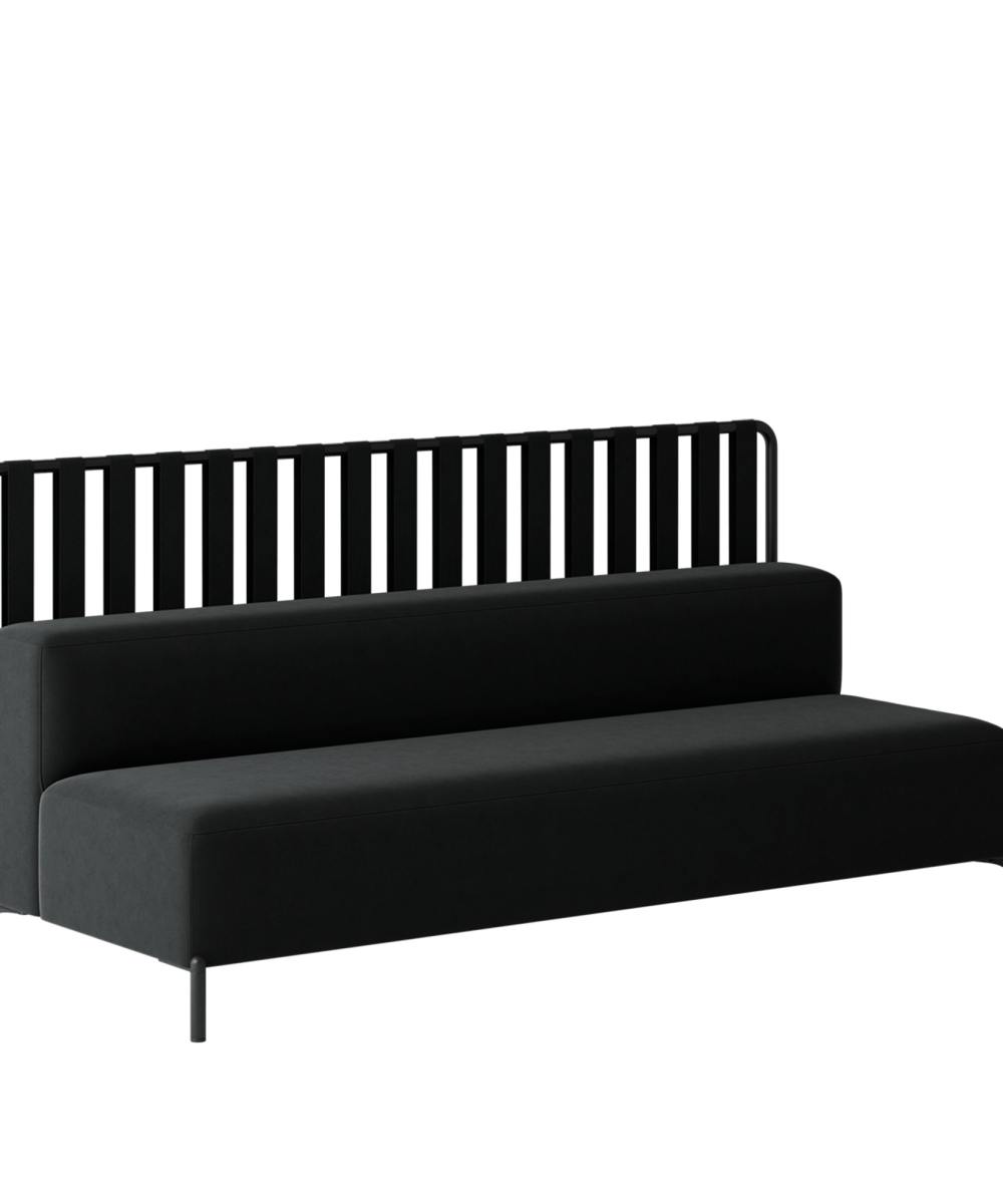 A black sofa with a metal frame