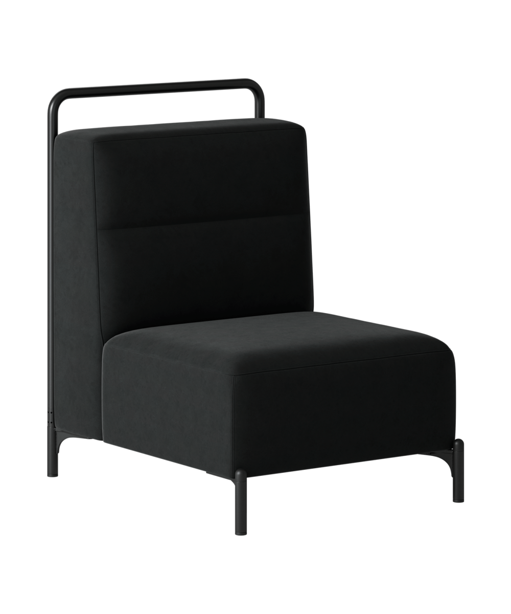 A black chair with a metal frame.