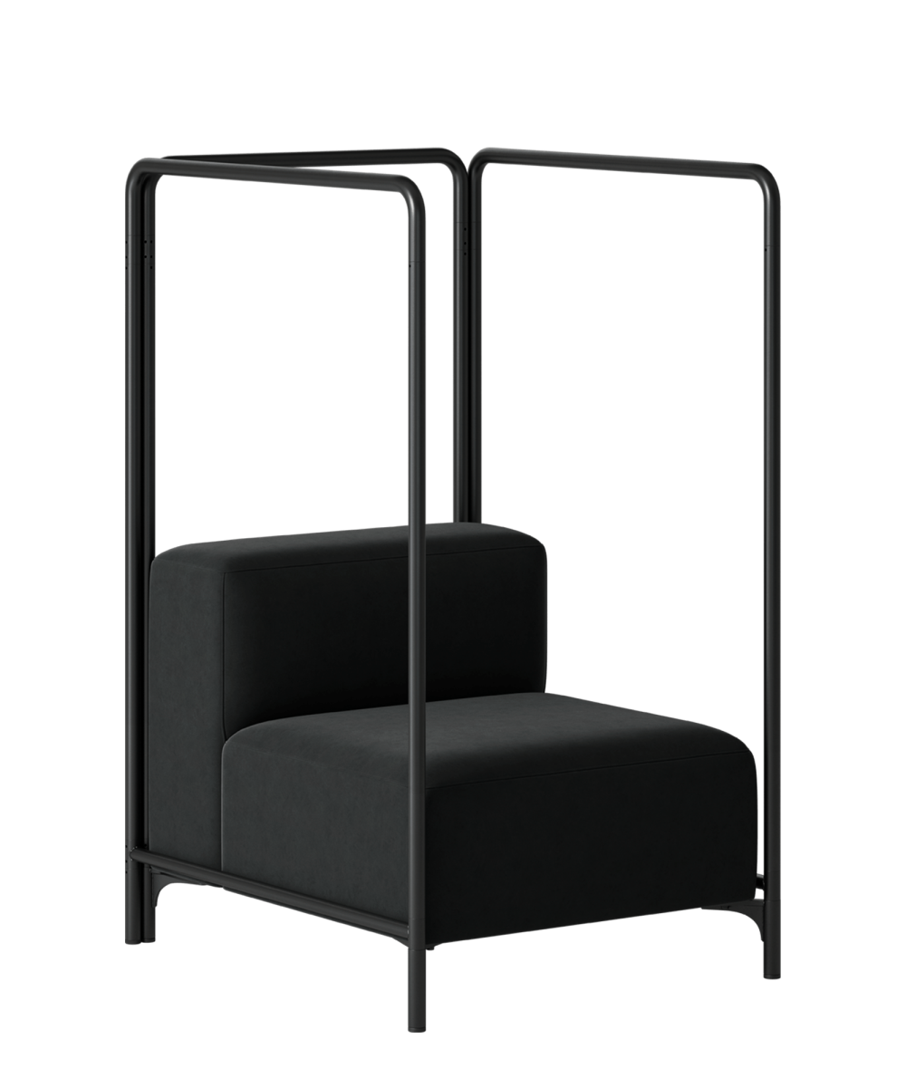 A black chair with a metal frame and a black cushion.
