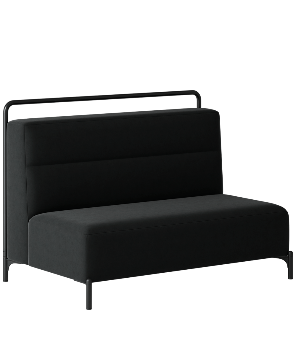 A black sofa with a metal frame on a white background.