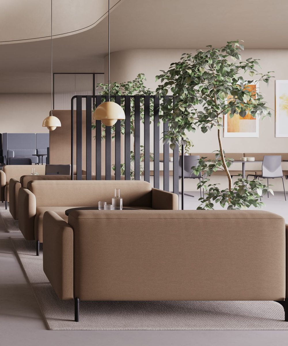 A 3d rendering of a lobby with office sofas and a plant and office screen dividers
