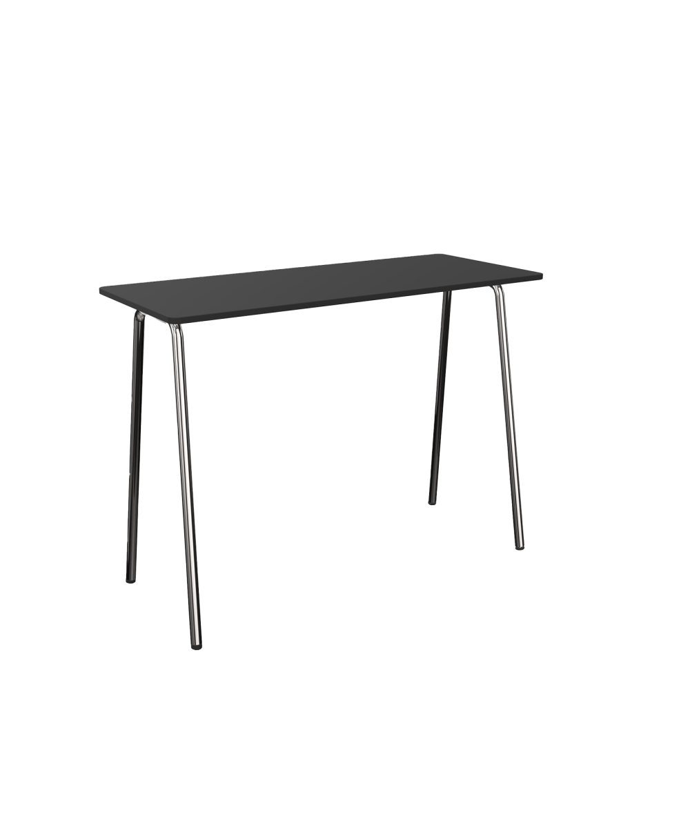 Black recetangular standing height table with 4 chrone legs