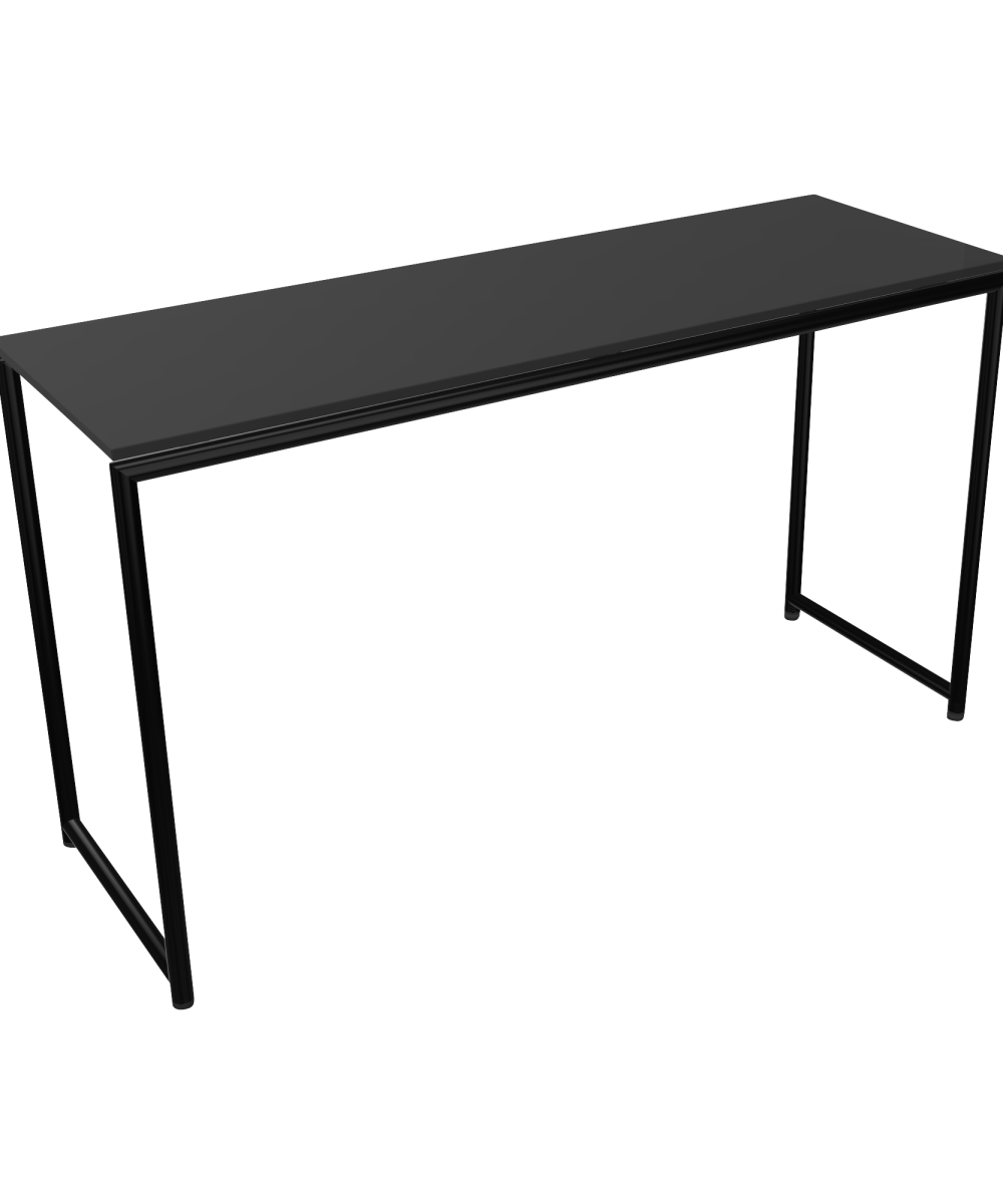 A counter height black desk with a metal frame and two legs