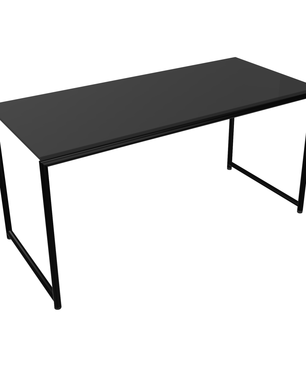 A black desk with a metal frame and two legs