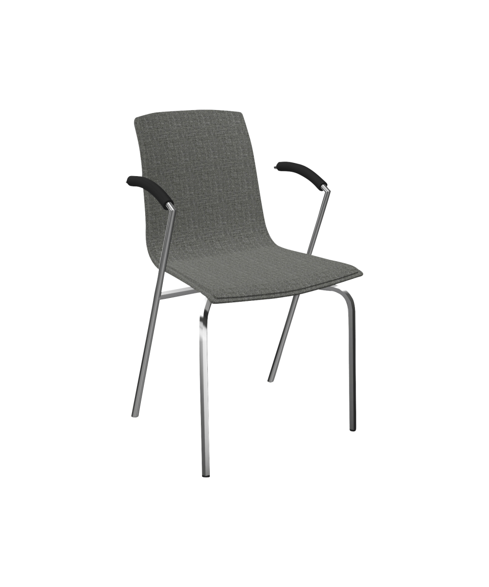 Grey chair with arm rests and four chrome legs