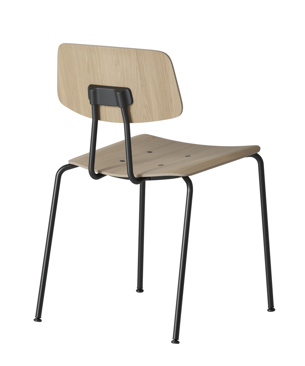 The Share Basic 90 chair with a black frame and a wooden seat.