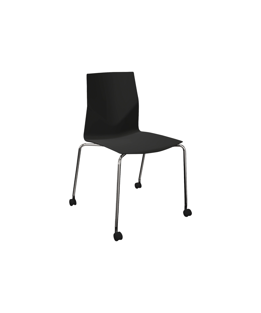 A black chair with 4 chrome legs with wheels