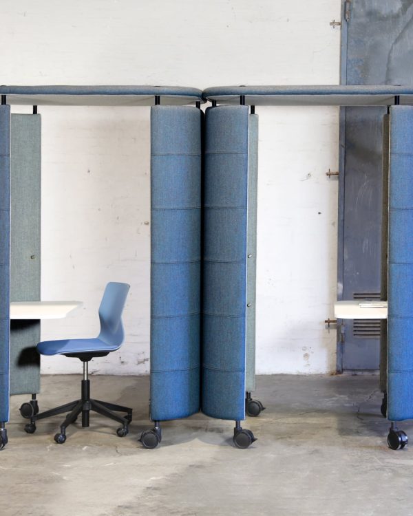 two blue office work booths