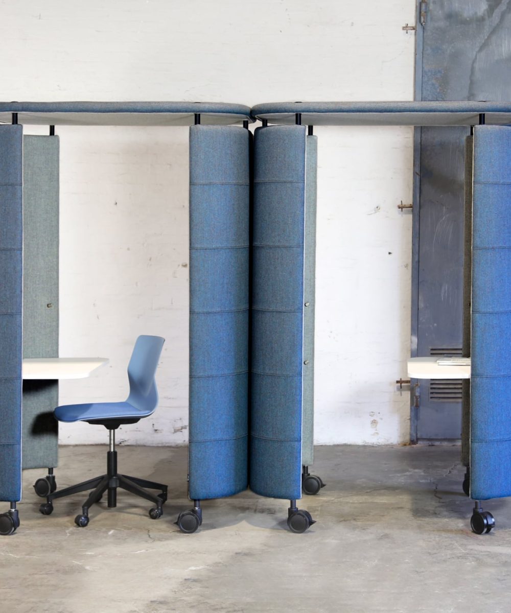 two blue office work booths