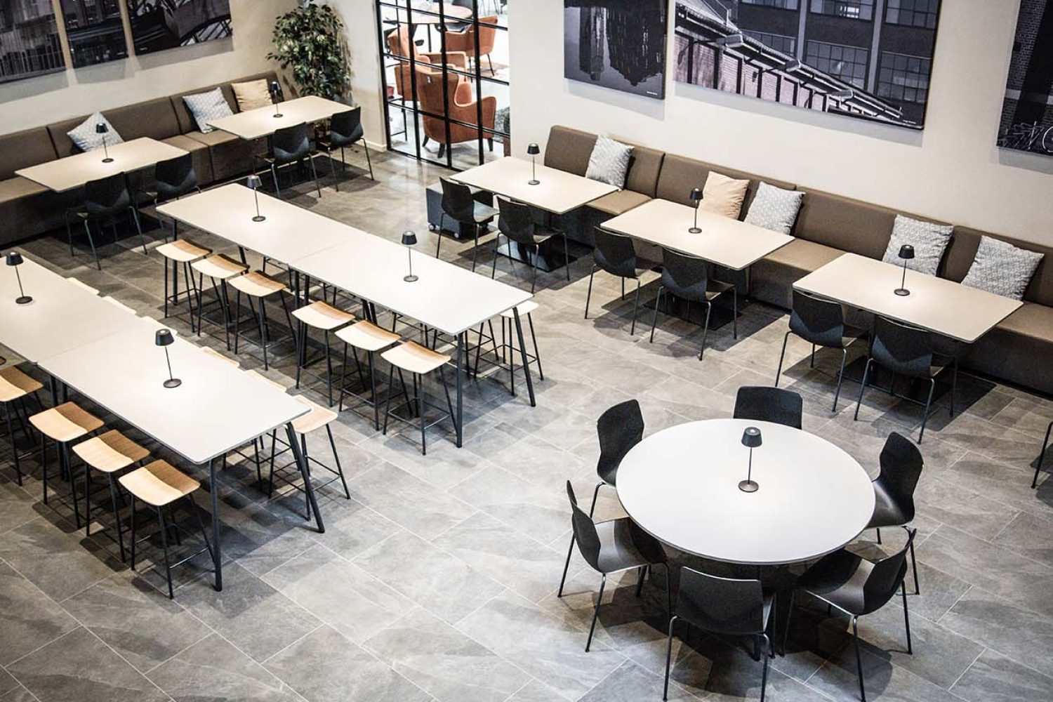 Canteen furniture in a canteen with tables and chairs.